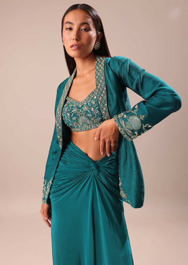 Teal Drape Skirt With Hand Embroidered Blouse And Jacket