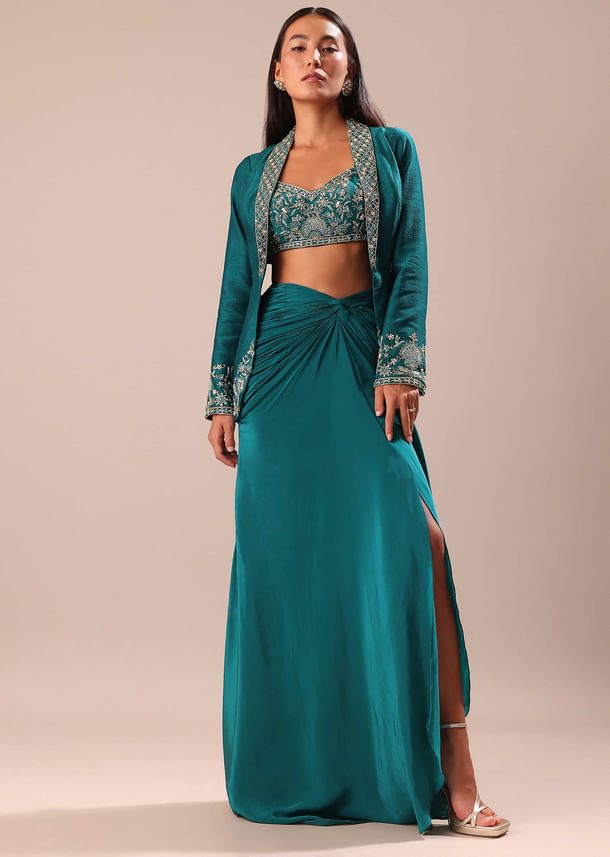 Teal Drape Skirt With Hand Embroidered Blouse And Jacket