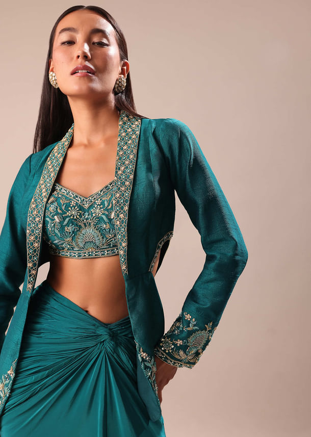 Teal Drape Skirt With Hand Embroidered Blouse And Jacket