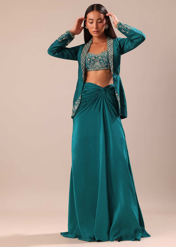 Teal Drape Skirt With Hand Embroidered Blouse And Jacket