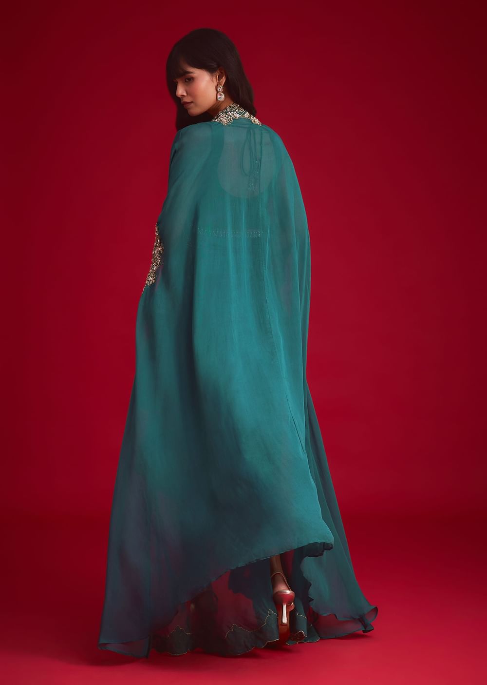 Teal Embroidered Crop Top And Draped Skirt With Jacket