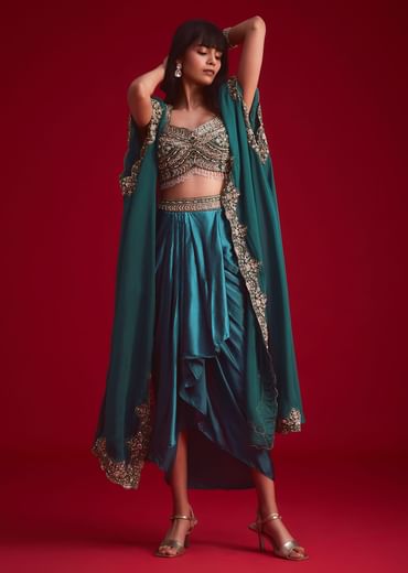Teal Embroidered Crop Top And Draped Skirt With Jacket