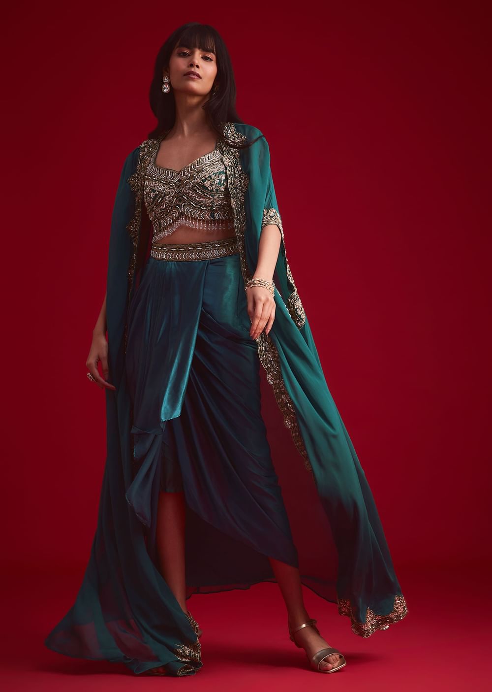 Teal Embroidered Crop Top And Draped Skirt With Jacket