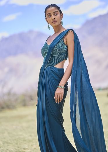 Teal Green Embroidered Drape Gown With Pleated Tassel Pallu