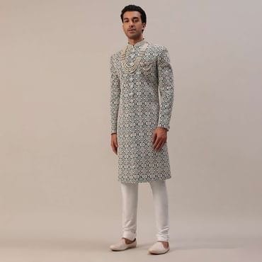 Teal Green Embroidered Sherwani Set With Layered Mala