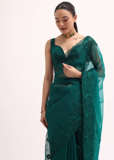 Teal Green Organza Saree With Unstitched Blouse