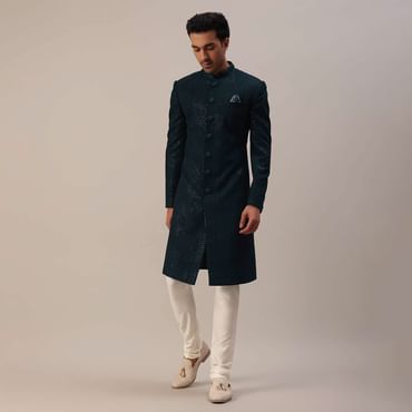 Teal Green Sherwani Set With Thread And Sequins Embroidery