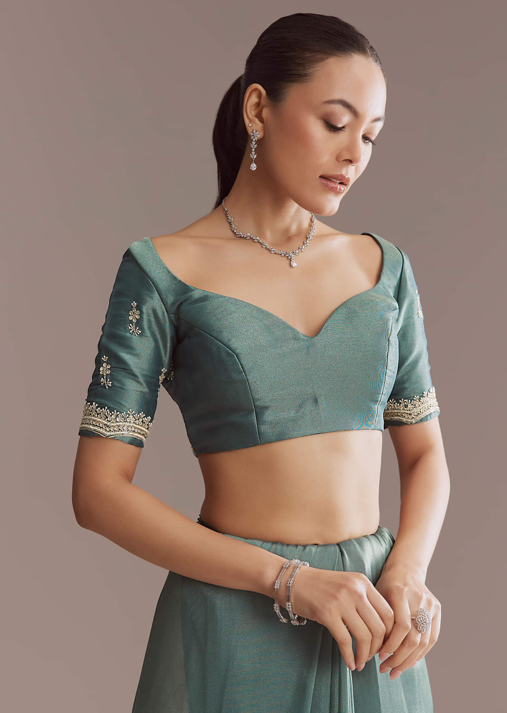 Teal Green Silk Saree With Bead And Sequin Embroidery