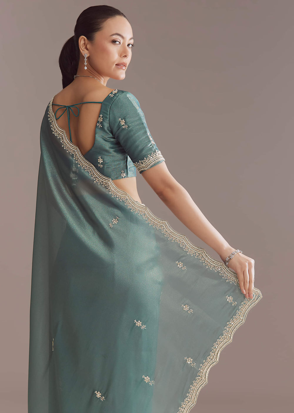 Teal Green Silk Saree With Bead And Sequin Embroidery