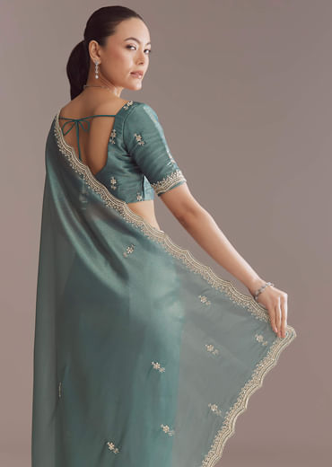 Teal Green Silk Saree With Bead And Sequin Embroidery