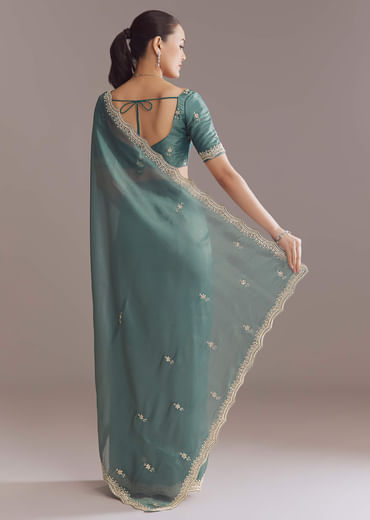 Teal Green Silk Saree With Bead And Sequin Embroidery