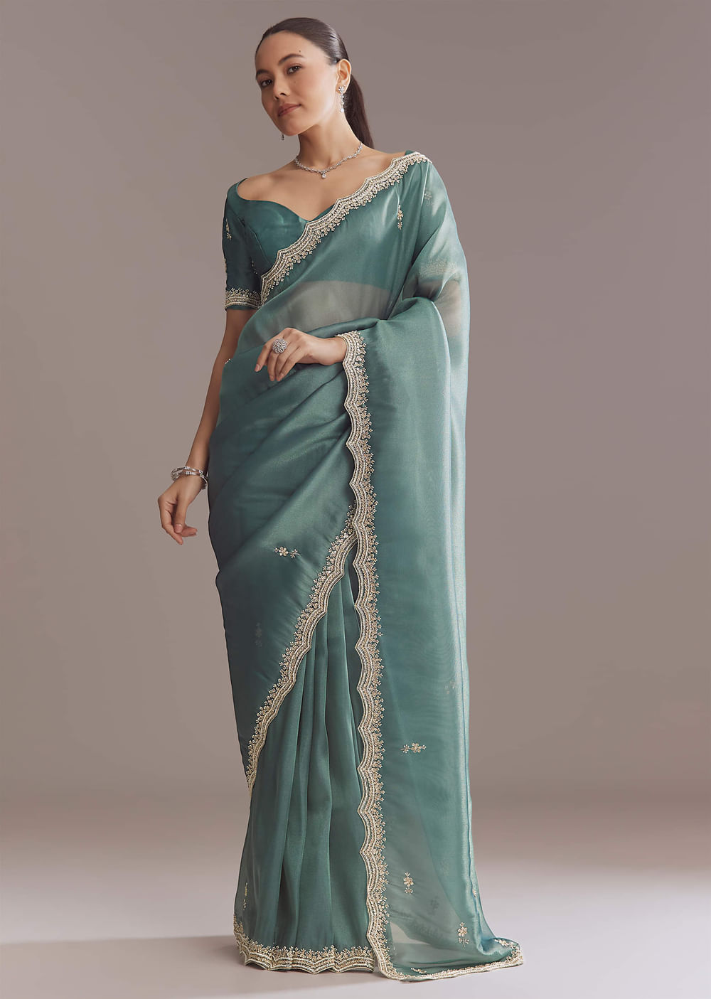 Teal Green Silk Saree With Bead And Sequin Embroidery