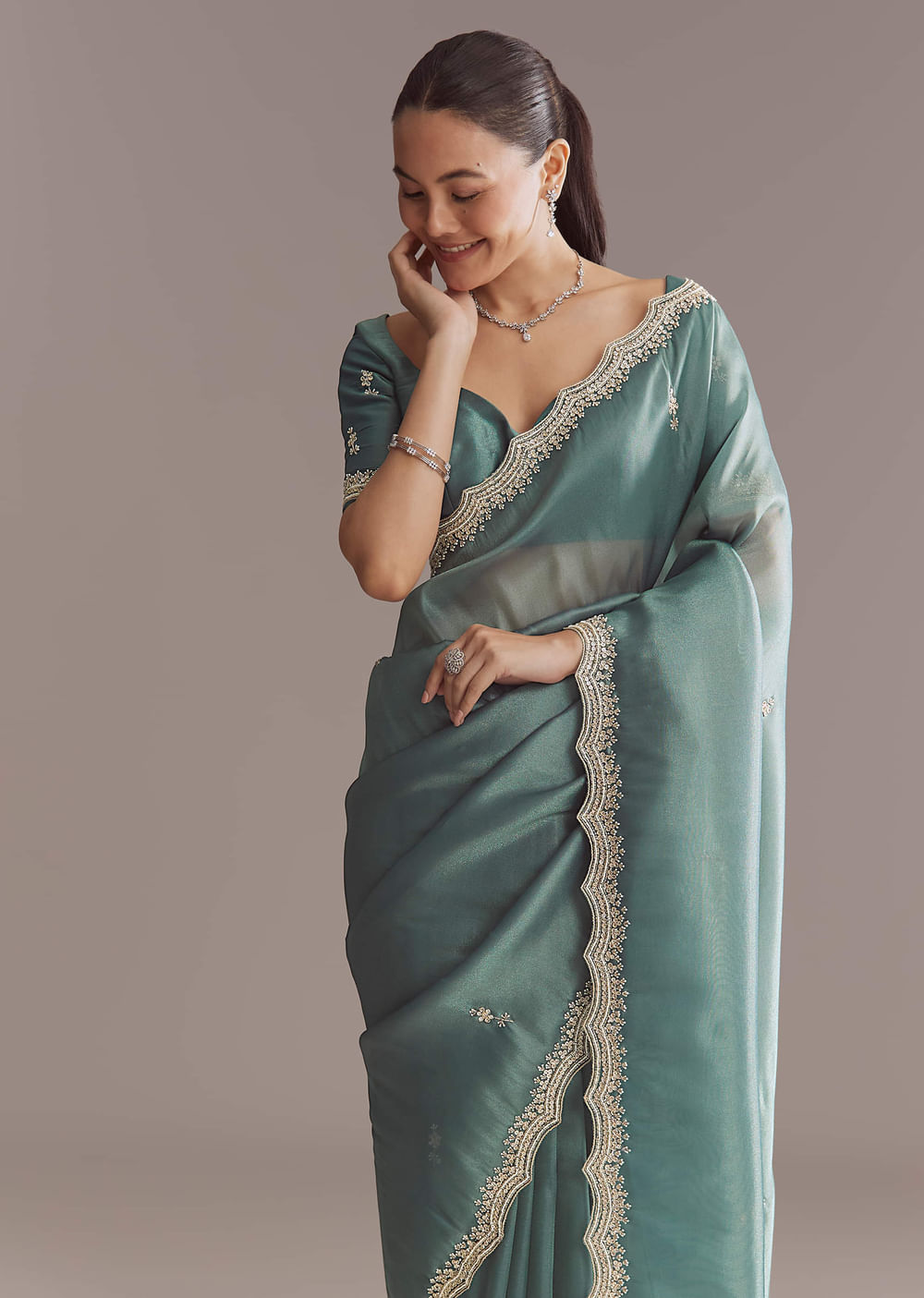 Teal Green Silk Saree With Bead And Sequin Embroidery