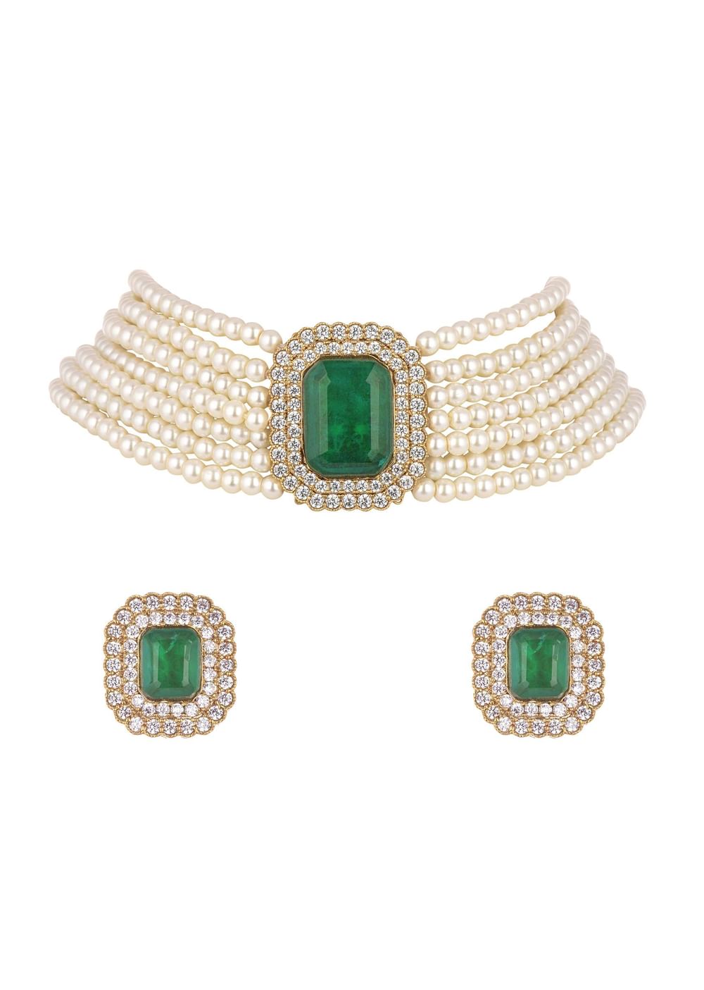 Teal Green Studded Pearl Choker In Mix Metal