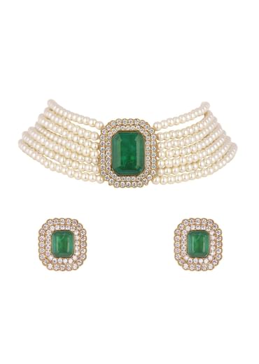 Teal Green Studded Pearl Choker In Mix Metal