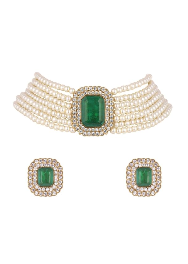 Teal Green Studded Pearl Choker In Mix Metal