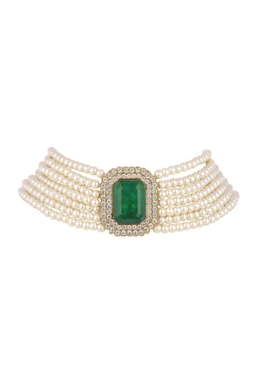 Teal Green Studded Pearl Choker In Mix Metal