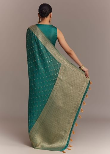 Teal Green Tissue Silk Saree With Zari Border Butti And Pallu