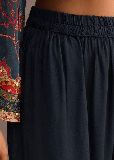 Teal Printed Kurti Pant Set With Chiffon Dupatta