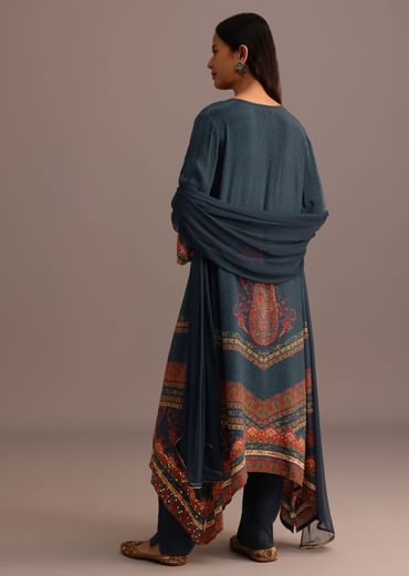 Teal Printed Kurti Pant Set With Chiffon Dupatta