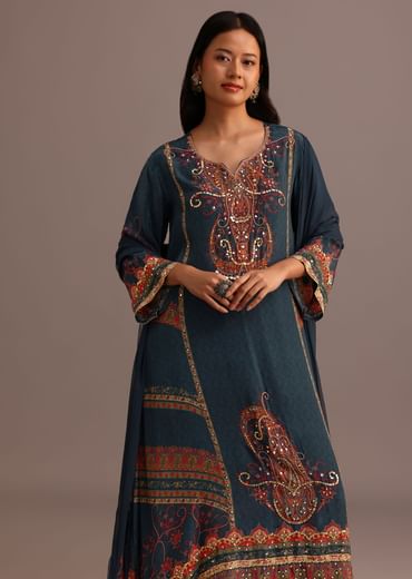 Teal Printed Kurti Pant Set With Chiffon Dupatta