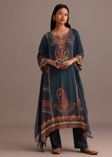 Teal Printed Kurti Pant Set With Chiffon Dupatta