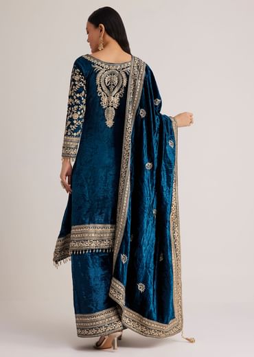 Teal Velvet Embroidered Palazzo Suit