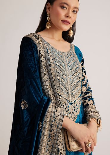 Teal Velvet Embroidered Palazzo Suit