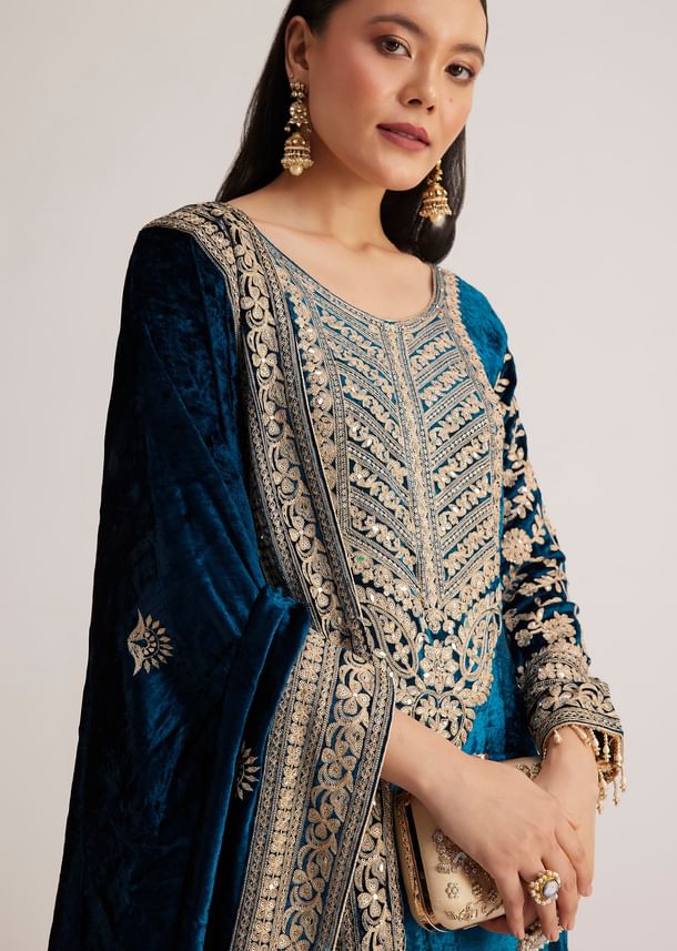 Teal Velvet Embroidered Palazzo Suit