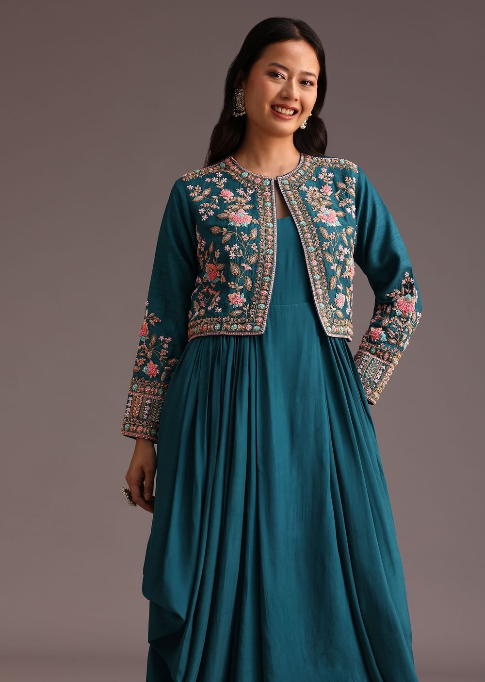 Teal Zardosi Embroidered Dhoti Style Gown With Jacket