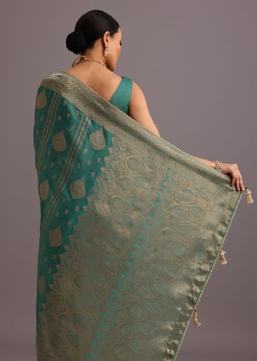 Teal Zari Work Satin Silk Woven Saree And Brocade Border