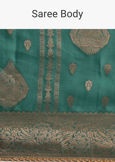 Teal Zari Work Satin Silk Woven Saree And Brocade Border