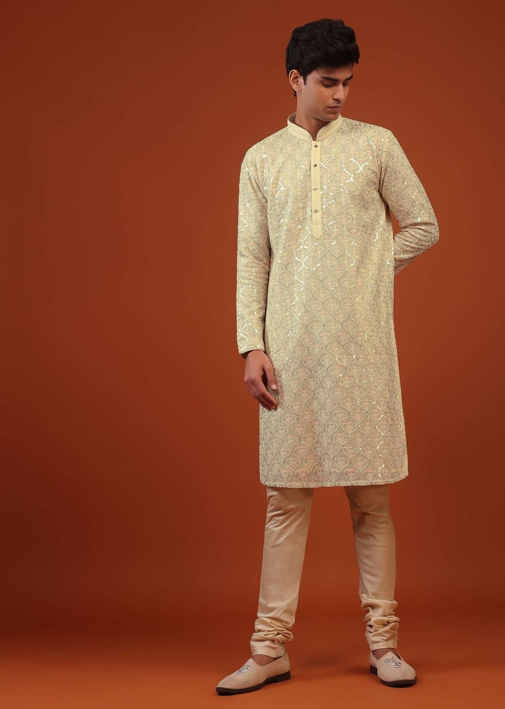 Mustard Yellow Silk Kurta Set With Sequin Jaal Work