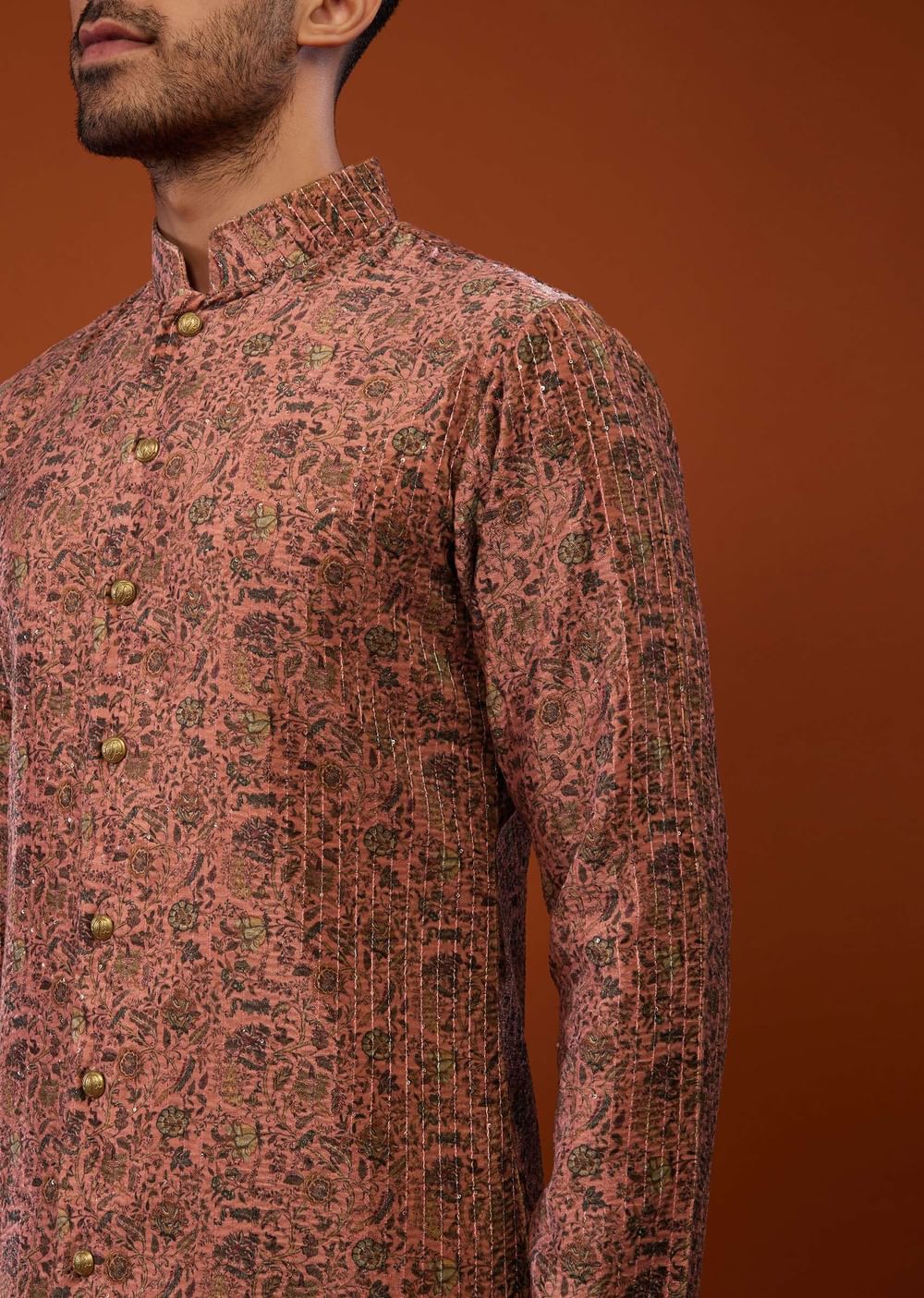 Peach Pink Floral Embroidered Kurta Set In Suede Velvet