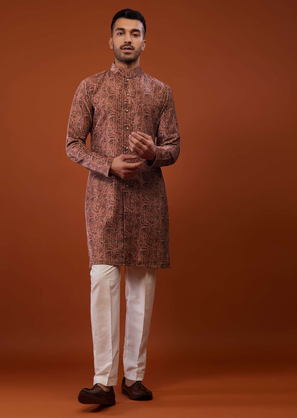 Peach Pink Floral Embroidered Kurta Set In Suede Velvet