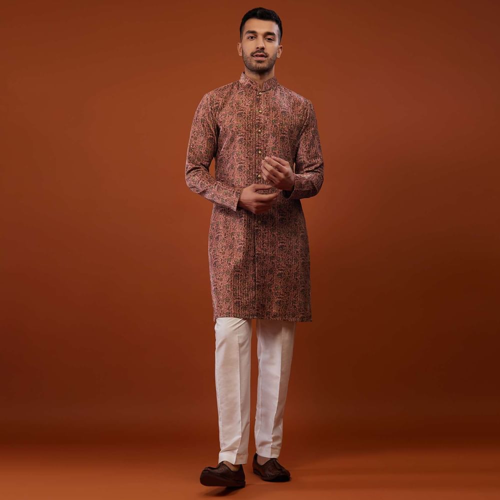 Peach Pink Floral Embroidered Kurta Set In Suede Velvet