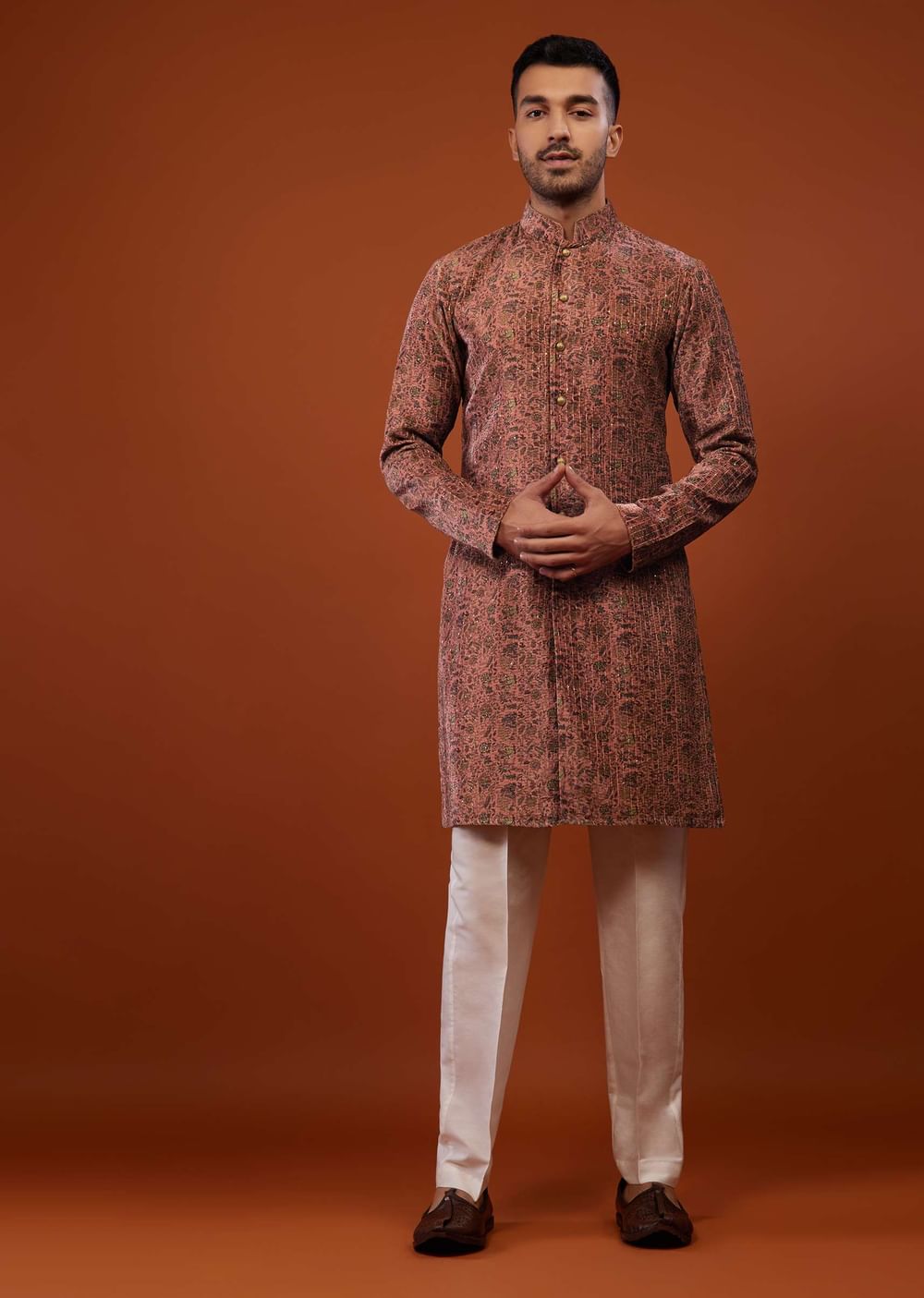 Peach Pink Floral Embroidered Kurta Set In Suede Velvet
