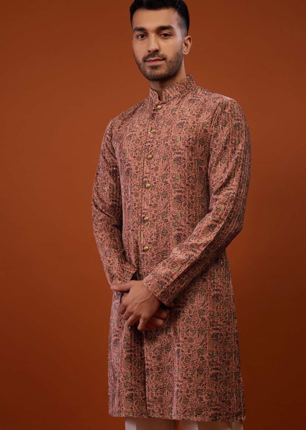 Peach Pink Floral Embroidered Kurta Set In Suede Velvet