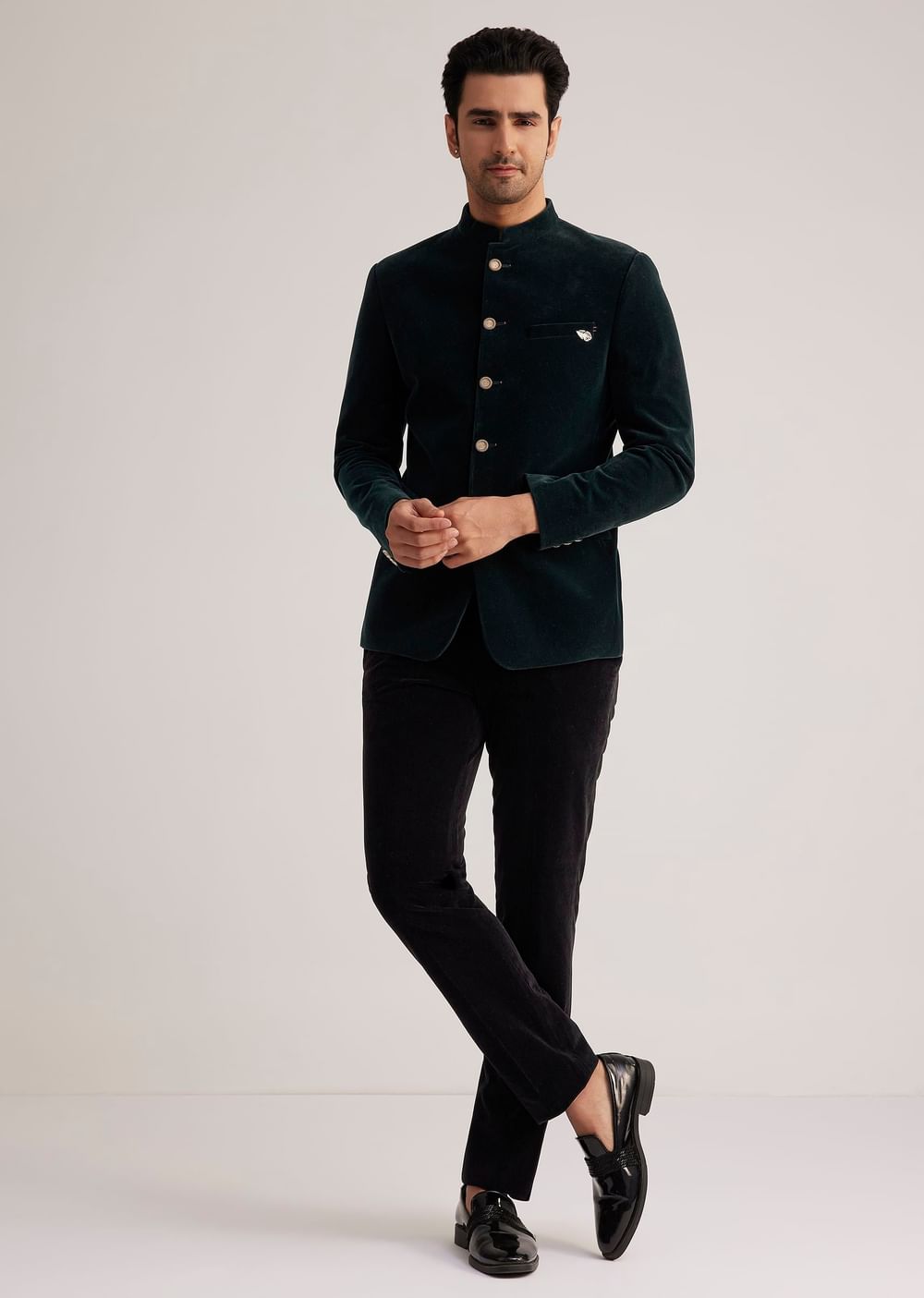 Green Velvet Jodhpuri Suit With Pocket Square