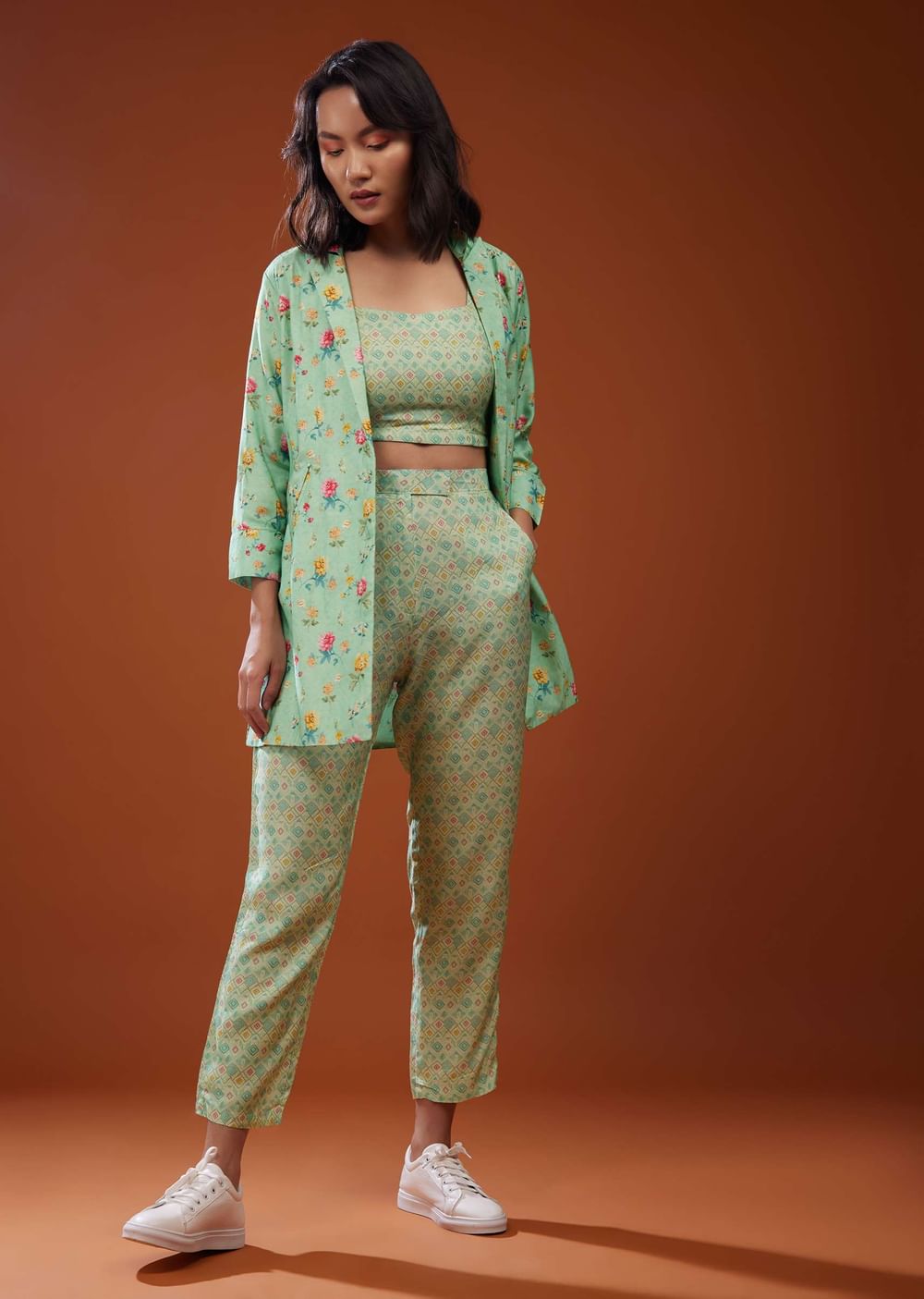 Three Piece Mint Green Printed Co-ord Set In Silk