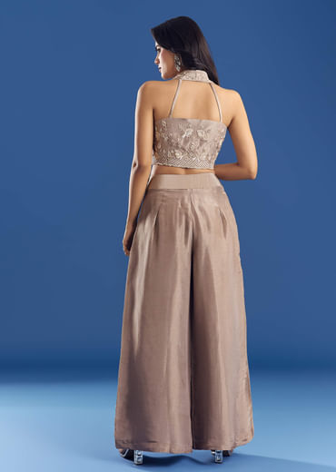 Tissue Croptop And Palazzo Suit With Cutdana Moti Embroidery