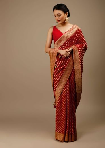 Tomato Red Saree In Georgette With Brocade Woven Diagonal Stripes And Floral Border