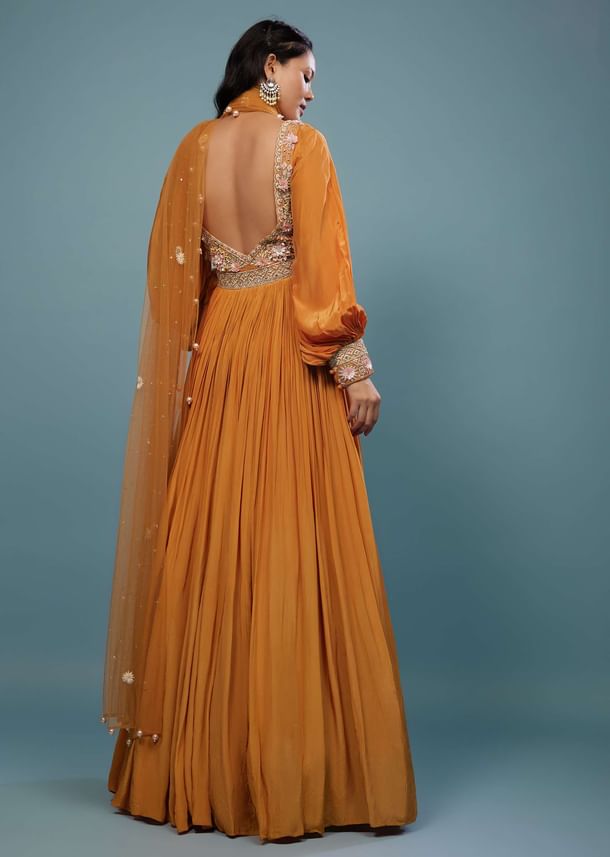 Fire Orange Embroidered Anarkali Suit In Crepe Fire Orange Embroidered Anarkali Suit In Crepe