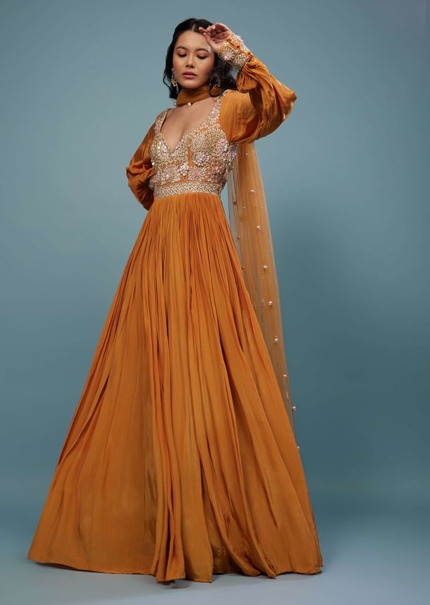 Fire Orange Embroidered Anarkali Suit In Crepe Fire Orange Embroidered Anarkali Suit In Crepe