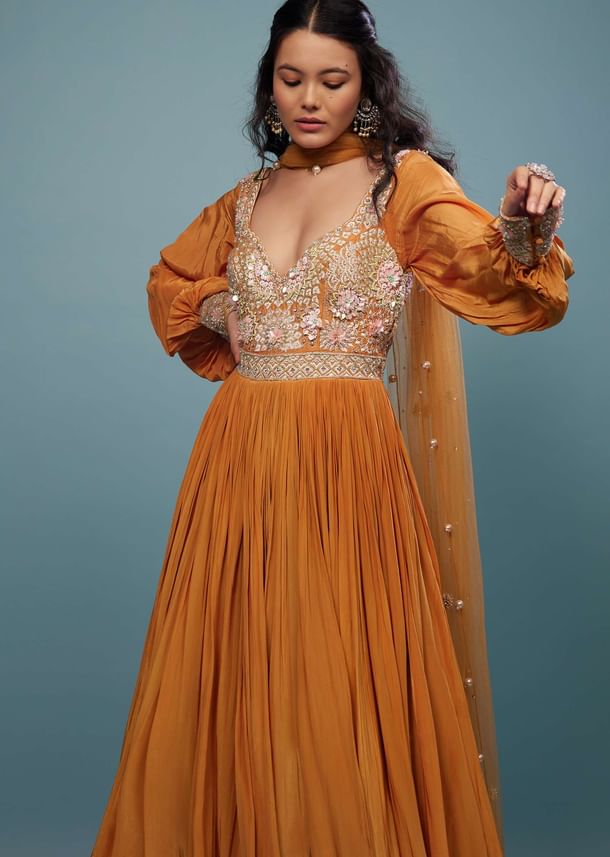 Fire Orange Embroidered Anarkali Suit In Crepe Fire Orange Embroidered Anarkali Suit In Crepe