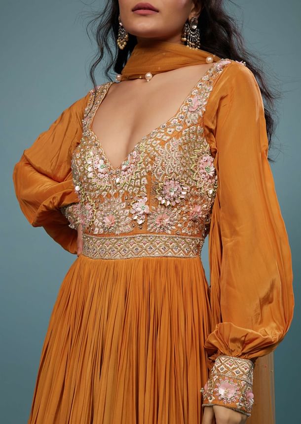 Fire Orange Embroidered Anarkali Suit In Crepe Fire Orange Embroidered Anarkali Suit In Crepe