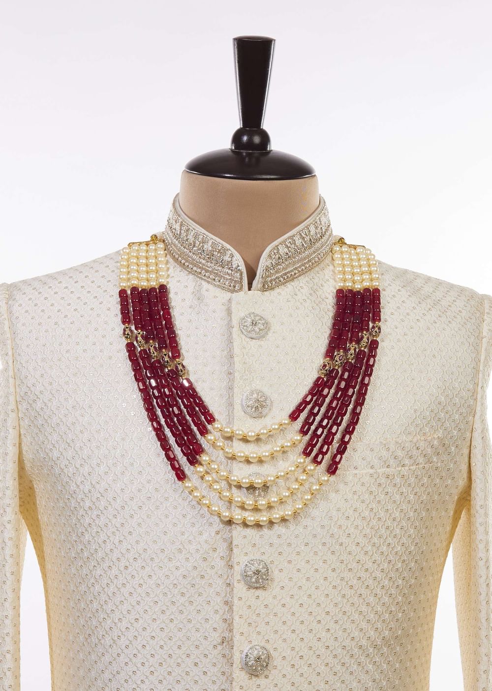 Traditional Maroon Red Beaded And Ivory Pearl Mala