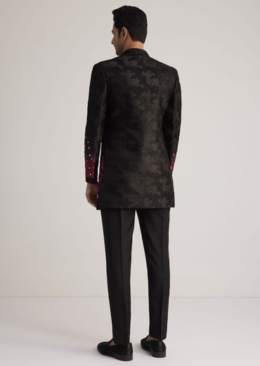 Black And Red Silk Jacket Set With Mirror And Thread Detailing