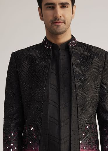Black And Red Silk Jacket Set With Mirror And Thread Detailing