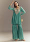 Turquoise Blue Chinon Indo Western Top And Sharara Set With Zardosi Work